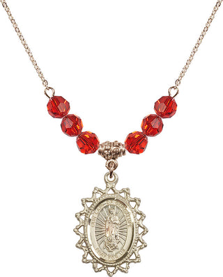 18" Hamilton Gold Plated Necklace with 4mm Ruby Crystal Beads featuring a 14kt Gold Filled Our Lady of Guadalupe Medal.