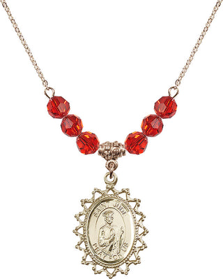 18" Hamilton Gold Plated Necklace with 4mm Ruby Crystal Beads featuring a 14kt Gold Filled Saint Jude Medal.