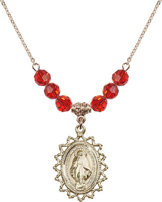 18" Hamilton Gold Plated Necklace with 4mm Ruby Crystal Beads featuring a 14kt Gold Filled Miraculous Medal.