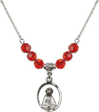 18" Rhodium Plated Necklace with 4mm Ruby Crystal Beads featuring a Sterling Silver Madonna Medal.