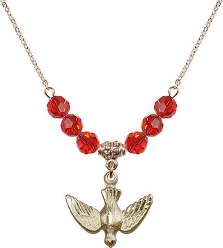 18" Hamilton Gold Plated Necklace with 4mm Ruby Crystal Beads featuring a 14kt Gold Filled Holy Spirit Medal.