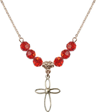18" Hamilton Gold Plated Necklace with 4mm Ruby Crystal Beads featuring a 14kt Gold Filled Loop Cross Medal.
