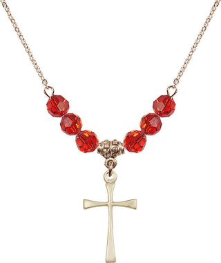 18" Hamilton Gold Plated Necklace with 4mm Ruby Crystal Beads featuring a 14kt Gold Filled Maltese Cross Medal.