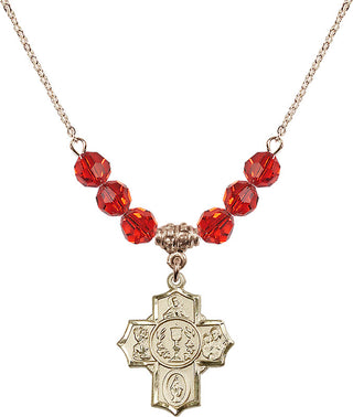 18" Hamilton Gold Plated Necklace with 4mm Ruby Crystal Beads featuring a 14kt Gold Filled Communion/5-Way Medal.