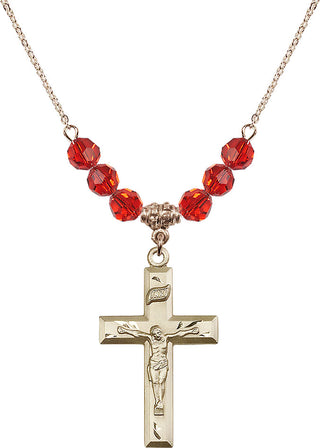 18" Hamilton Gold Plated Necklace with 4mm Ruby Crystal Beads featuring a 14kt Gold Filled Crucifix Medal.