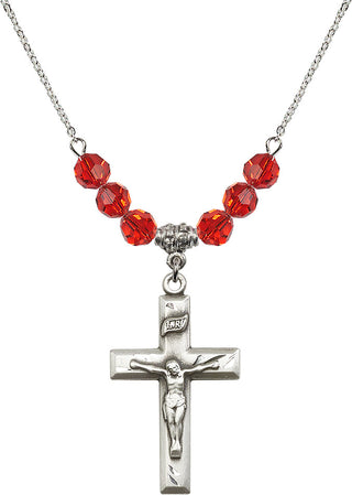 18" Rhodium Plated Necklace with 4mm Ruby Crystal Beads featuring a Sterling Silver Crucifix Medal.