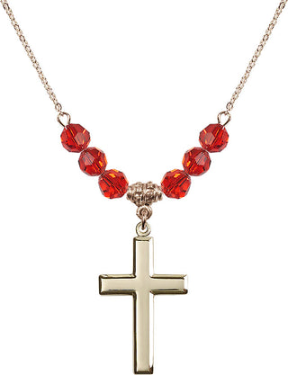 18" Hamilton Gold Plated Necklace with 4mm Ruby Crystal Beads featuring a 14kt Gold Filled Cross Medal.