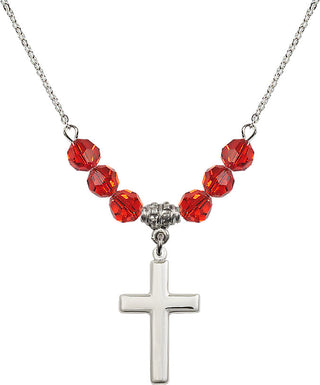 18" Rhodium Plated Necklace with 4mm Ruby Crystal Beads featuring a Sterling Silver Cross Medal.
