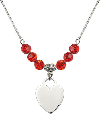 18" Rhodium Plated Necklace with 4mm Ruby Crystal Beads featuring a Sterling Silver Heart Medal. Engraved Catholic Saint Jewelry
