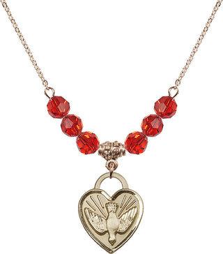 18" Hamilton Gold Plated Necklace with 4mm Ruby Crystal Beads featuring a 14kt Gold Filled Confirmation Heart Medal. Engraved Catholic Saint Jewelry