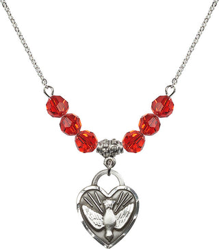 18" Rhodium Plated Necklace with 4mm Ruby Crystal Beads featuring a Sterling Silver Confirmation Heart Medal. Engraved Catholic Saint Jewelry