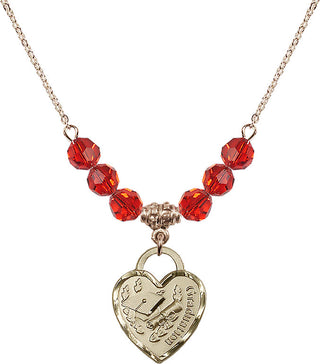 18" Hamilton Gold Plated Necklace with 4mm Ruby Crystal Beads featuring a 14kt Gold Filled Graduation Heart Medal. Engraved Catholic Saint Jewelry
