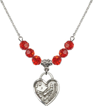 18" Rhodium Plated Necklace with 4mm Ruby Crystal Beads featuring a Sterling Silver Graduation Heart Medal. Engraved Catholic Saint Jewelry