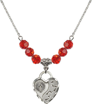 18" Rhodium Plated Necklace with 4mm Ruby Crystal Beads featuring a Sterling Silver Footprints Heart Medal. Engraved Catholic Saint Jewelry