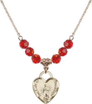 18" Hamilton Gold Plated Necklace with 4mm Ruby Crystal Beads featuring a 14kt Gold Filled Our Lady Guadalupe Heart / Recuerdo Medal.