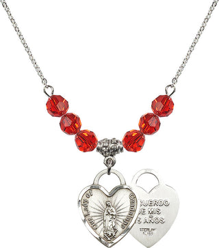 18" Rhodium Plated Necklace with 4mm Ruby Crystal Beads featuring a Sterling Silver Our Lady Guadalupe Heart / Recuerdo Medal.