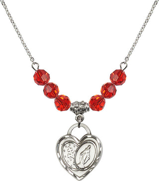 18" Rhodium Plated Necklace with 4mm Ruby Crystal Beads featuring a Sterling Silver Miraculous Heart Medal.