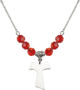 18" Rhodium Plated Necklace with 4mm Ruby Crystal Beads featuring a Sterling Silver Tau Cross Medal.
