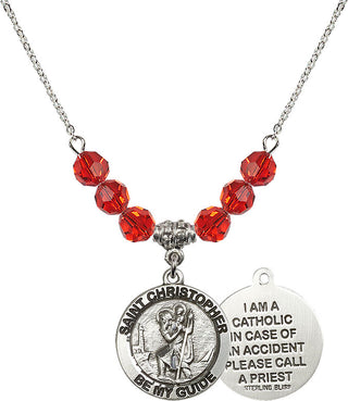 18" Rhodium Plated Necklace with 4mm Ruby Crystal Beads featuring a Sterling Silver Saint Christopher Medal.