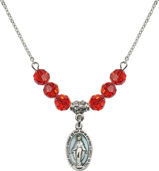 18" Rhodium Plated Necklace with 4mm Ruby Crystal Beads featuring a Sterling Silver Miraculous Medal.