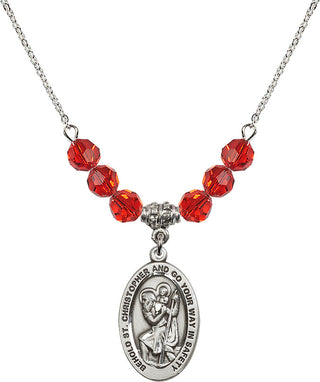 18" Rhodium Plated Necklace with 4mm Ruby Crystal Beads featuring a Sterling Silver Saint Christopher Medal. Engraved Catholic Saint Jewelry