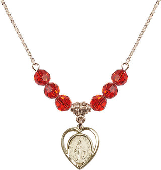 18" Hamilton Gold Plated Necklace with 4mm Ruby Crystal Beads featuring a 14kt Gold Filled Miraculous Medal.