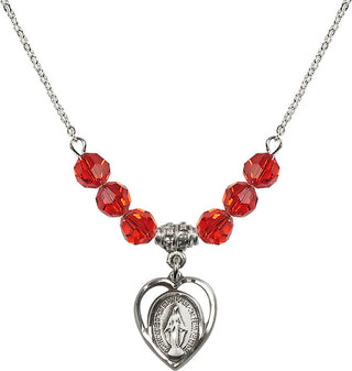 18" Rhodium Plated Necklace with 4mm Ruby Crystal Beads featuring a Sterling Silver Miraculous Medal.