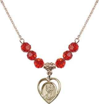 18" Hamilton Gold Plated Necklace with 4mm Ruby Crystal Beads featuring a 14kt Gold Filled Saint Christopher Medal.