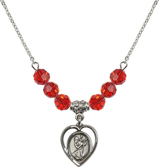 18" Rhodium Plated Necklace with 4mm Ruby Crystal Beads featuring a Sterling Silver Saint Christopher Medal.