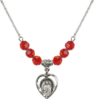 18" Rhodium Plated Necklace with 4mm Ruby Crystal Beads featuring a Sterling Silver Saint Jude Medal.