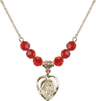 18" Hamilton Gold Plated Necklace with 4mm Ruby Crystal Beads featuring a 14kt Gold Filled Guardian Angel Medal.
