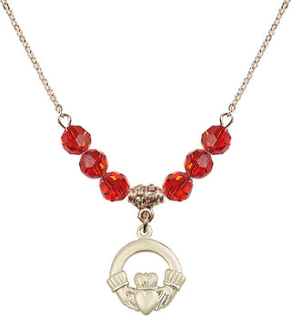 18" Hamilton Gold Plated Necklace with 4mm Ruby Crystal Beads featuring a 14kt Gold Filled Claddagh Medal.