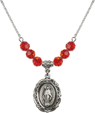 18" Rhodium Plated Necklace with 4mm Ruby Crystal Beads featuring a Sterling Silver Miraculous Medal.