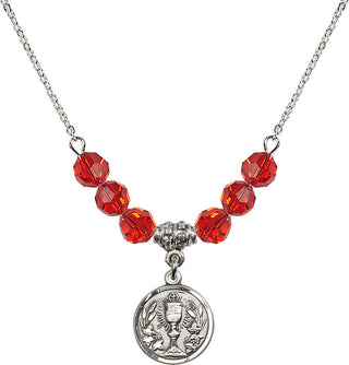18" Rhodium Plated Necklace with 4mm Ruby Crystal Beads featuring a Sterling Silver Communion Chalice Medal.