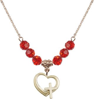 18" Hamilton Gold Plated Necklace with 4mm Ruby Crystal Beads featuring a 14kt Gold Filled Heart / Cross Medal.