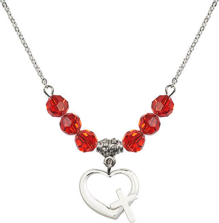 18" Rhodium Plated Necklace with 4mm Ruby Crystal Beads featuring a Sterling Silver Heart / Cross Medal.