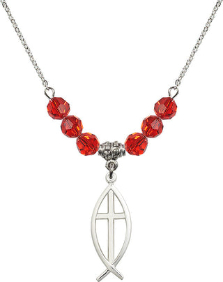 18" Rhodium Plated Necklace with 4mm Ruby Crystal Beads featuring a Sterling Silver Fish / Cross Medal.