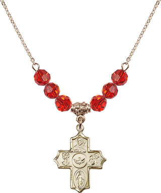 18" Hamilton Gold Plated Necklace with 4mm Ruby Crystal Beads featuring a 14kt Gold Filled 5-Way Medal.