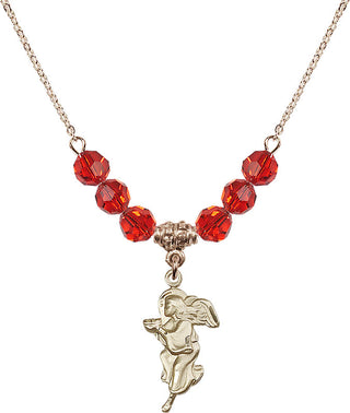 18" Hamilton Gold Plated Necklace with 4mm Ruby Crystal Beads featuring a 14kt Gold Filled Guardian Angel Medal.
