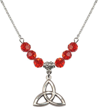 18" Rhodium Plated Necklace with 4mm Ruby Crystal Beads featuring a Sterling Silver Trinity Irish Knot Medal.