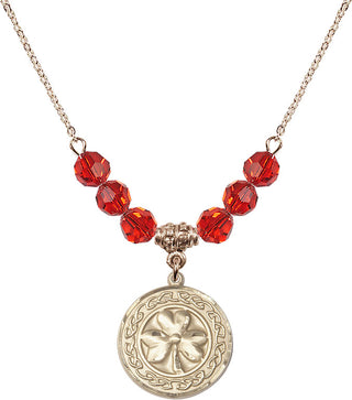 18" Hamilton Gold Plated Necklace with 4mm Ruby Crystal Beads featuring a 14kt Gold Filled Shamrock with Celtic Border Medal.