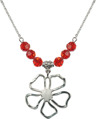 18" Rhodium Plated Necklace with 4mm Ruby Crystal Beads featuring a Sterling Silver Five Pedal Flower Medal.