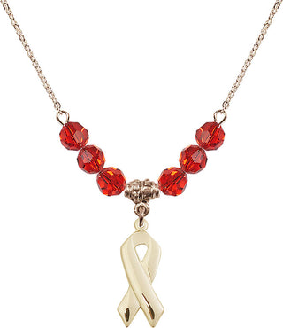 18" Hamilton Gold Plated Necklace with 4mm Ruby Crystal Beads featuring a 14kt Gold Filled Cancer Awareness Medal.
