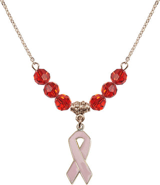 18" Hamilton Gold Plated Necklace with 4mm Ruby Crystal Beads featuring a 14kt Gold Filled Cancer Awareness Medal.