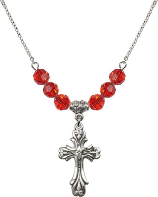 18" Rhodium Plated Necklace with 4mm Ruby Crystal Beads featuring a Sterling Silver Cross Medal.
