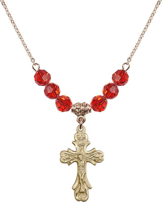 18" Hamilton Gold Plated Necklace with 4mm Ruby Crystal Beads featuring a 14kt Gold Filled Crucifix Medal.