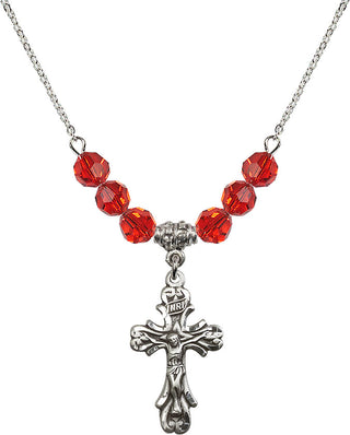 18" Rhodium Plated Necklace with 4mm Ruby Crystal Beads featuring a Sterling Silver Crucifix Medal.