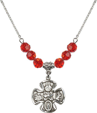 18" Rhodium Plated Necklace with 4mm Ruby Crystal Beads featuring a Sterling Silver 5-Way Medal.