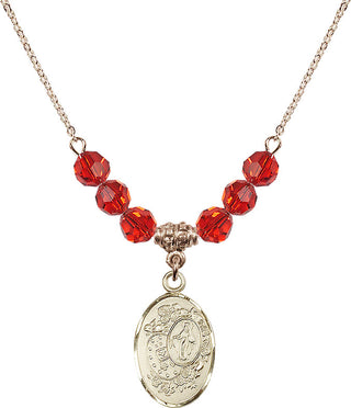 18" Hamilton Gold Plated Necklace with 4mm Ruby Crystal Beads featuring a 14kt Gold Filled Miraculous Medal.