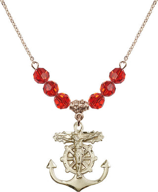 18" Hamilton Gold Plated Necklace with 4mm Ruby Crystal Beads featuring a 14kt Gold Filled Anchor Crucifix Medal.